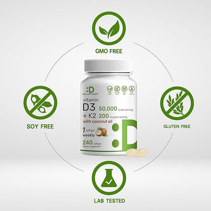 DEAL SUPPLEMENT Vitamin D3 50,000 IU + K2 MK7 200 mcg,240 Softgels | Virgin Coconut Oil, Max Strength Vitamin D & K, Promotes Heart, Bone, & Teeth Health – One Softgel Weekly, Easy to Swallow
