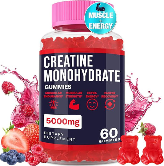 Creatine Monohydrate Gummies for Women & Men, Taurine & B6, Chewable Creatine Pre Workout Gummies for Max Strength & Muscle Growth, Energy, Endurance, Creatine for Men & Women, 5g Per Serving - 1 Pack