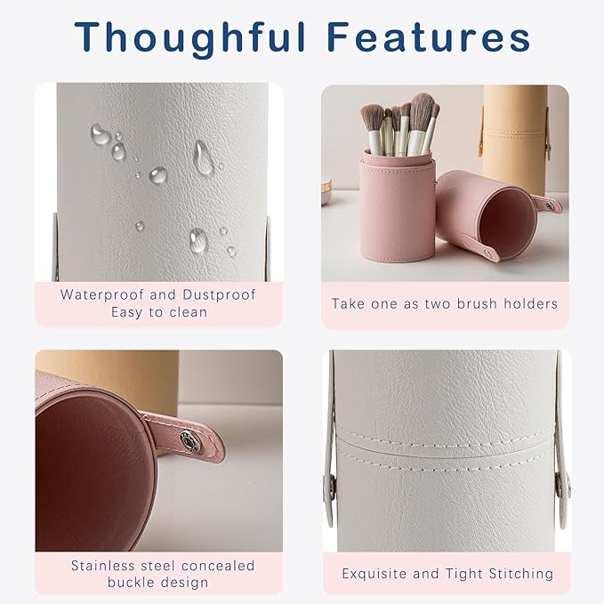 Portable Makeup Brush Holder, Waterproof PU Leather Travel Makeup Brush Case Bag Cup, Brush Storage Dustproof Bag (03White)