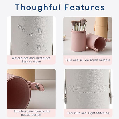 Portable Makeup Brush Holder, Waterproof PU Leather Travel Makeup Brush Case Bag Cup, Brush Storage Dustproof Bag (03White)