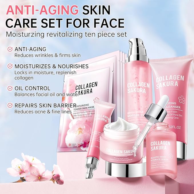 Sakura Skin Care Set for Teen Girls, 10-In-1 Travel Skin Care Kits with Collagen, Hydrates & Soothes, Cherry Blossom Skincare Gift Set for Teens & Women, Moisturize & Repair Skin, Daily Skin Care