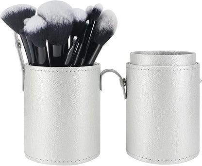 Portable Makeup Brush Case,Pu Leather Makeup Brush Holder with Button,Travel Cup Storage Dustproof Makeup Cosmetic Bags for Women (Silver)