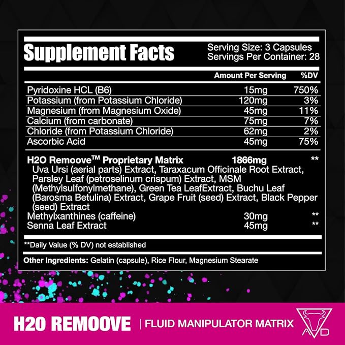 Project AD H2O Remoove Nutural Diuretice Water Management System, Contains a Potassium-Sparing Formula Designed To Promote a Drier, Leaner And More Vascular Looking Physique (28 Servings)