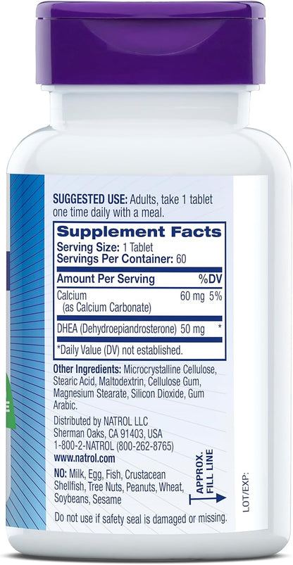 Natrol Mood & Stress DHEA 50mg With Calcium, Dietary Supplement for Balance of Certain Hormone Level and Mood Support, 60 Tablets, 60 Day Supply