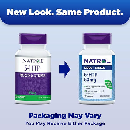 Natrol Mood & Stress 5-HTP 50mg, Dietary Supplement Helps Support a Balanced Mood, 45 Capsules, 11-45 Day Supply