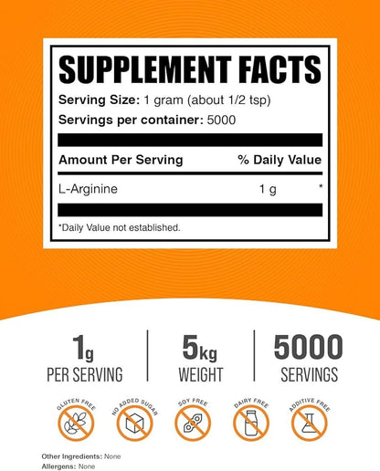 BulkSupplements.com L-Arginine Powder - Arginine 1000mg, Arginine Supplement - Nitric Oxide Supplement, Unflavored & Gluten Free, 1000mg per Serving, 5kg (11 lbs) (Pack of 5)