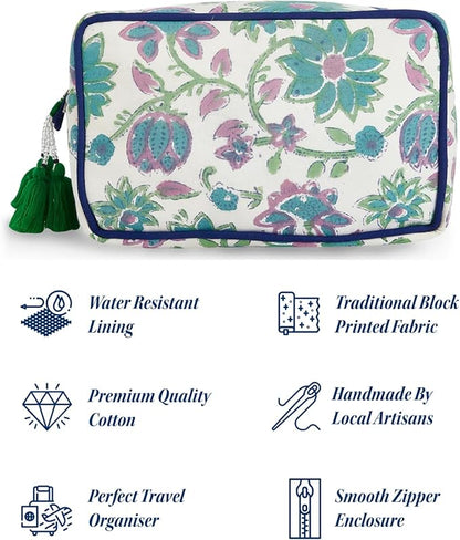 Travel Makeup Bag- Large Capacity Cosmetic Bags for Women - Water Resistance Lining Portable Pouch & Open Toiletry Bag - Perfect Girls Makeup Organizer for Travel Essentials (White & Green Floral)