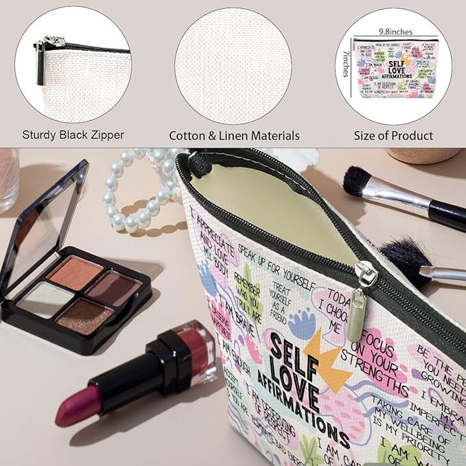 Positive Affirmations Makeup Bag Self Love Gifts Mental Health Gifts Inspirational Gifts for Women Female Girl Sister Friend Counselor Coworker Birthday Friendship Graduation Travel Toiletry Bag