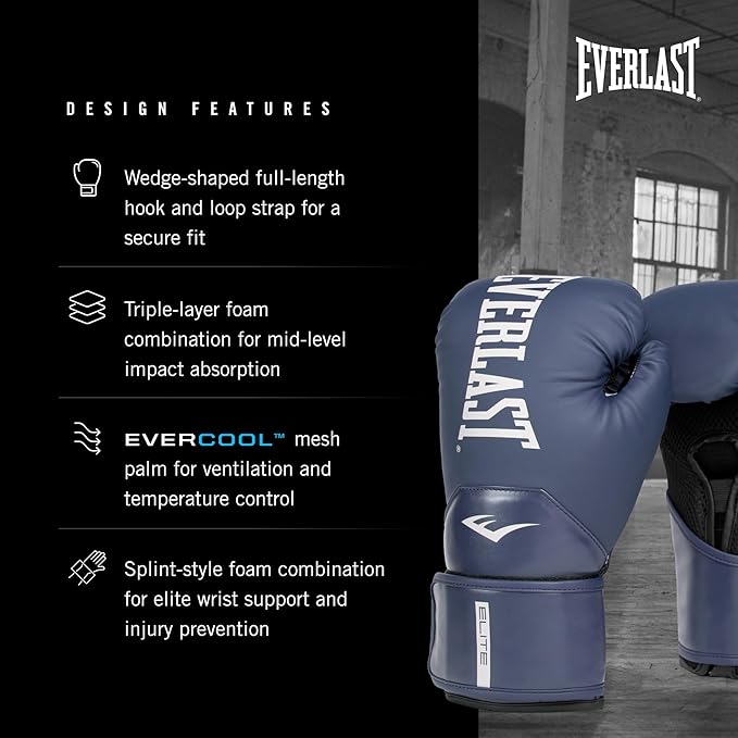 Everlast Elite 2 Boxing Gloves, Pro Training Gloves for Men and Women, Secure Fit Hook and Loop Closure & Ventilation, Heavy Bag & Speedbag Training.