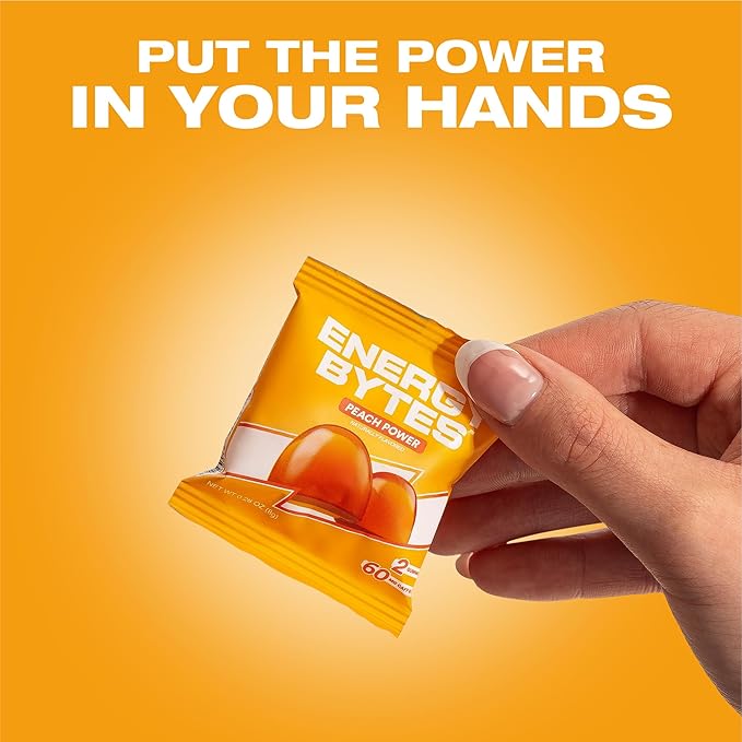 Energy Bytes Caffeine Gummies | Instant Energy Chews for Running, Cycling and Sports Performance | Vegan, Low Sugar | Peach Power (12-Pack)