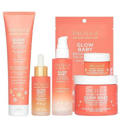 Pacifica Glow Baby Complete Skincare Set – 6 Piece Vitamin C Brightening Collection (Face Wash, Peel Pads, Booster Serum, Moisturizer, Eye Cream, Sheet Mask), 100% Vegan