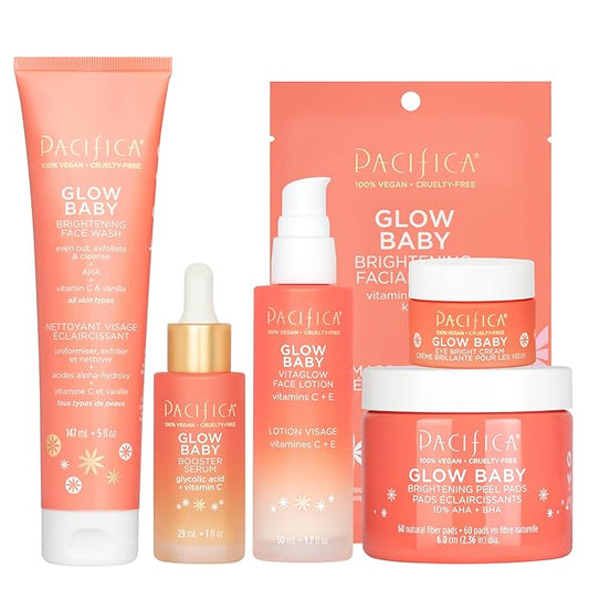 Pacifica Glow Baby Complete Skincare Set – 6 Piece Vitamin C Brightening Collection (Face Wash, Peel Pads, Booster Serum, Moisturizer, Eye Cream, Sheet Mask), 100% Vegan