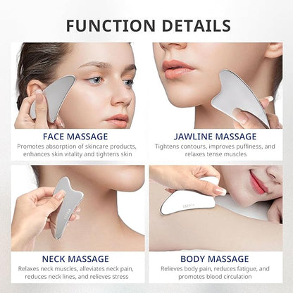 AIRSEE Gua Sha Facial Tools, Stainless Steel Gua Sha Board, Tighten Skin Massage, Beauty Tool for Body Eyes Neck Metal Massager with Travel Pouch Skin Care Gifts (Silver)