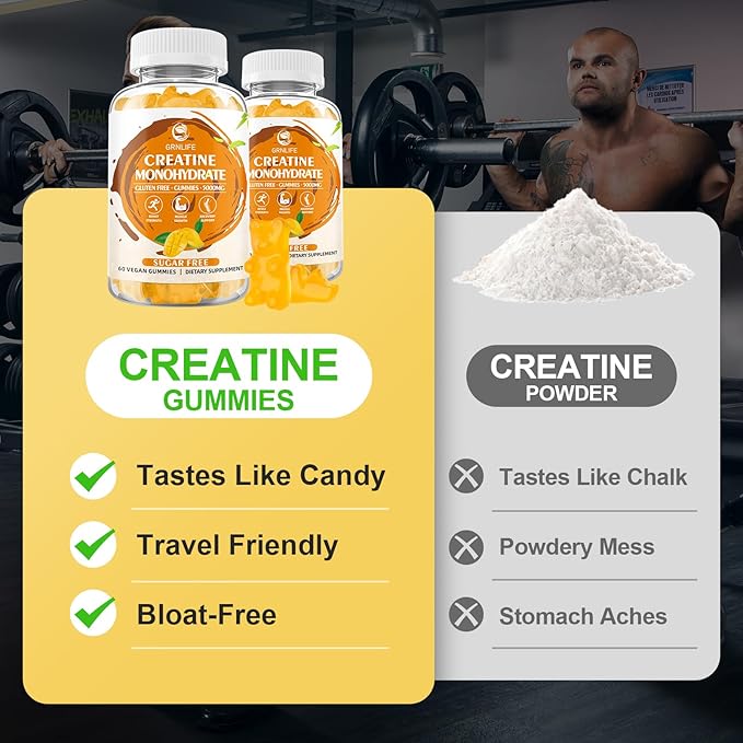 Creatine Monohydrate Gummies for Men & Women, Chewables Creatine Monohydrate for Muscle Strength, Muscle Builder, Energy Boost, Sugar Free, Vegan, Mango Flavor-120 Count