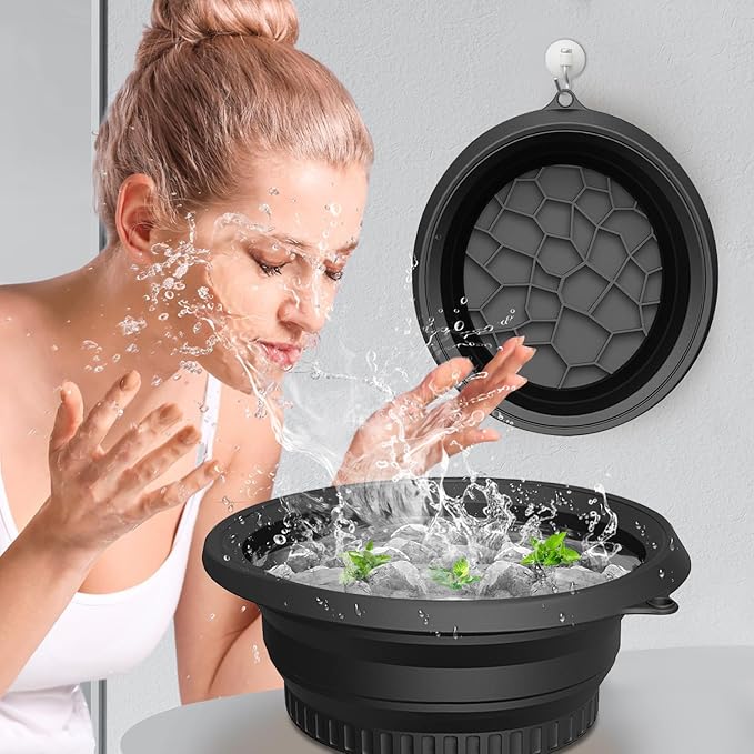 Facial Cold Plunge Bowl with Reusable Ice Cubes - Foldable, Durable Silicone Design for Face Ice Baths & Beauty Care(Black)