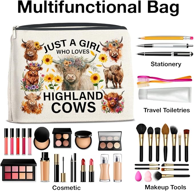 Highland Cows Gifts Makeup Bag Cow Lover Gifts for Women Girls Just a Girl Who Loves Highland Cows Zipper Makeup Pouch