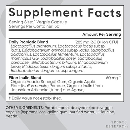 Sports Research Daily Probiotics with Prebiotics, 60 Billion CFU - Vegan Capsules for Gut Health & Digestive Support, Probiotics for Women & Men - Non-GMO Verified & Gluten Free - 30 Count