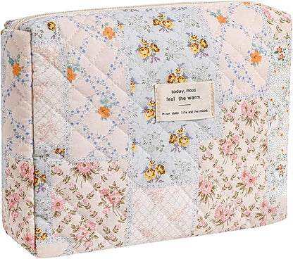 Quilted Makeup Bag,Floral Makeup Bag,Cotton Makeup Bag Set for Women,Travel Makeup Bag,Large Toiletry Cosmetic Bag Makeup Bag Organizer for Women Girls (M2-1PC)