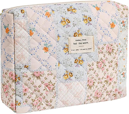 Quilted Makeup Bag,Floral Makeup Bag,Cotton Makeup Bag Set for Women,Travel Makeup Bag,Large Toiletry Cosmetic Bag Makeup Bag Organizer for Women Girls (M2-1PC)