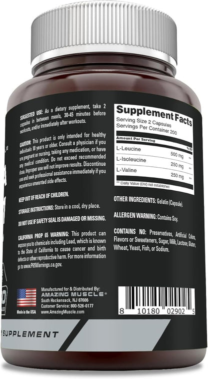Amazing Muscle BCAA 2:1:1 1000 Mg | Pre-Workout Supplement | 400 Capsules | Non-GMO | Gluten-Free | Made in USA