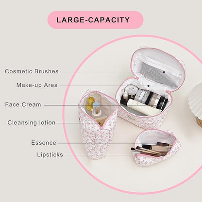 kingkiss Makeup Bag, Quilted Cosmetic Bag, Large Capacity Make Up Bag for Women, Cute Floral Storage Toiletry Bag Travel Storage Makeup Bag(Pink#3)