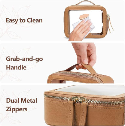 PACKISM Medium Clear Makeup Bag - Pebbled Texture & Hard PU Leather Car Bag for Organizing Car Consoles, with Message Card Clear Cosmetic Makeup Case for Women Gift (Khaki Medium)