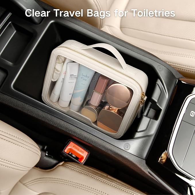 PACKISM Large Clear Makeup Bag - Pebbled Texture & Hard PU Leather Car Bag Organizer for Car Essentials, with Message Card Travel Cosmetic Bag for Women Gift (Cream Large)