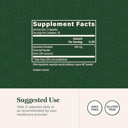 Global Healing Ozonated Activated Charcoal Powder - Advanced Digestive Detox That Adsorbs Internal Unwanted Compounds - Helps Relieve Occasional Gas Discomfort - 60 Activated Charcoal Pills