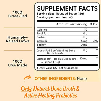 Organic Bone Broth Protein Collagen Powder, Unsalted, Quick-Dissolve, Grass-Fed Hormone Free, Gluten-Free, Paleo Keto Friendly 15g Protein, Active Probiotics, Joints, Gut Health