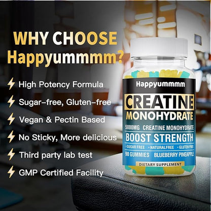 Creatine Monohydrate Gummies 5000mg for Men & Women, Chewables Creatine Monohydrate for Muscle Strength, Muscle Builder, Energy Boost, Pre-Workout Supplement(90 Count)-Blueberry Pineapple.
