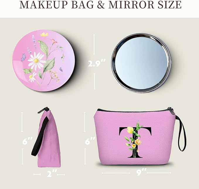 SEAMOON Women Birthday Unique Bride to be Bridal Shower Initial Gifts for Mom Sister Friend Her Teacher Aunt Makeup Cosmetic Bag with Mirror Mothers Day Christmas Graduation T