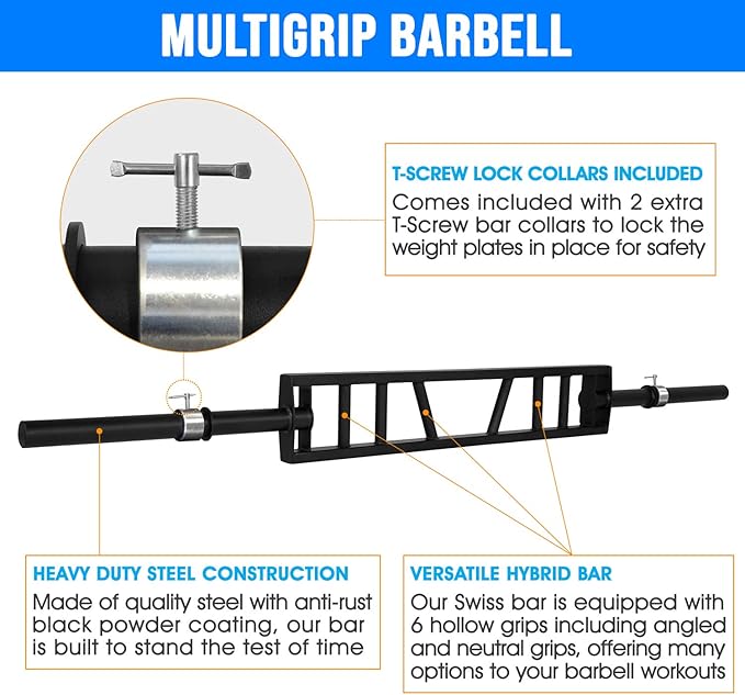 Yes4All Multi Grip Barbell & Cable Attachment - 2 Collars,