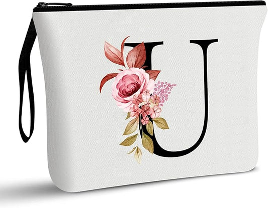 Vavabox A-Z Personalized Makeup Bag, Birthday Gifts for Women Mom, Gifts for Best Friend, Bride Bridesmaid Cosmetic bag (U, White)