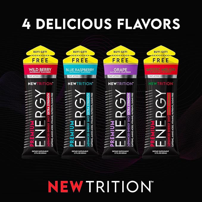 Extra Strength Energy Shots, Caffeine Energy Shots with Vitamin B & Amino Acids, Sugar-Free Vitamin Energy Shot Packets, 1.7 fl oz, Mixed Flavors, 24 Count