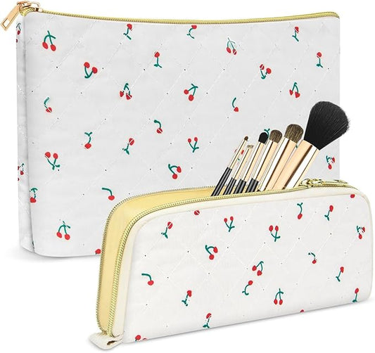 Quilted makeup bag Set for Women, Floral Cotton Makeup Bag Travel Cosmetic Pouch for Girls Make Up Organizer, Gift for Mothers Day, Birthday Gift for Her - Cherry
