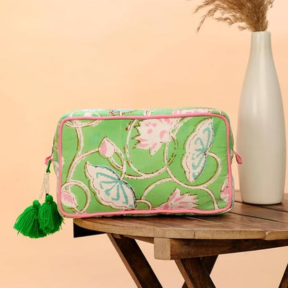 Huar Travel Makeup Bag- Large Capacity Cosmetic Bags for Women - Water Resistance Lining Portable Pouch & Open Toiletry Bag - Perfect Girls Makeup Organizer for Travel Essentials (Lime & Pink Floral)