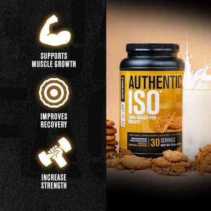 Authentic ISO Grass Fed Whey Protein Isolate Powder - Low Carb, Non-GMO Muscle Building Protein w/ No Fillers, Mixes Perfectly for Post Workout Recovery, Vanilla Oatmeal Cookie - 2LB, 30 SV