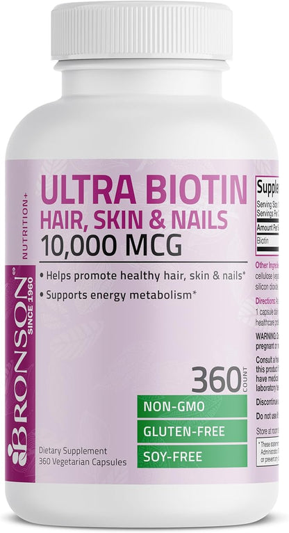 Bronson Ultra Biotin 10,000 Mcg Hair Skin and Nails Supplement, Non-GMO, 360 Vegetarian Capsule