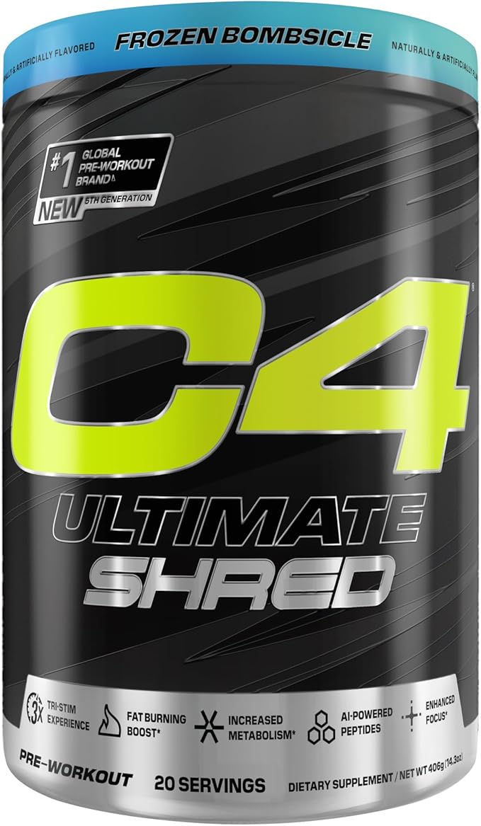 Cellucor C4 Ultimate Shred Pre Workout Powder, Metabolism Supplement with Cayenne Extract+300mg Caffeine+TeaCrine+Dynamine - Frozen Bombsicle, 20 Servings