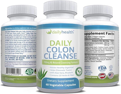 Daily Colon Cleanse 700mg All Natural 10 Herbs, Vegan Friendly 180 Capsules Fiber, Alfalfa, Aloe Vera, Rhubarb, Gentian, Buckthorn, Goldenseal, Lactobacillus acidophilus
