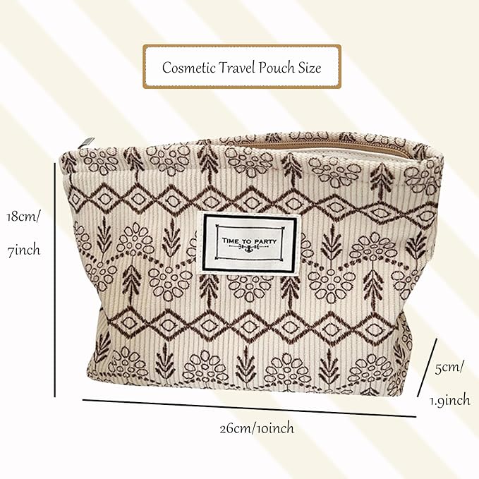 Flower Fabric Makeup Bag for Purse, Vintage Corduroy Cosmetic Pouch Bag, Portable Travel Handbag for Women Girls (Vintage Beige)