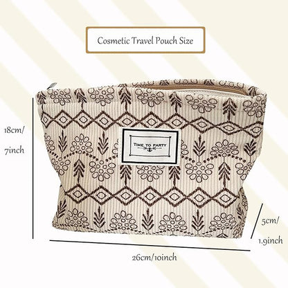 Flower Fabric Makeup Bag for Purse, Vintage Corduroy Cosmetic Pouch Bag, Portable Travel Handbag for Women Girls (Vintage Beige)