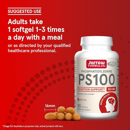 Jarrow Formulas PS100 Phosphatidylserine 100 mg, Dietary Supplement for Brain Health and Cognition Support, 120 Softgels, 40-120 Day Supply, Pack of 12