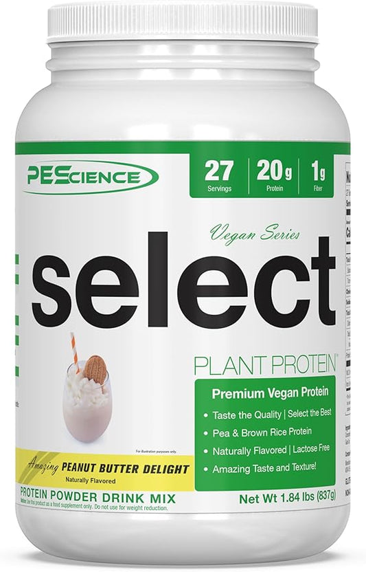 PEScience Select Vegan Plant Based Protein Powder, Peanut Butter Delight, 27 Serving, Premium Pea and Brown Rice Blend