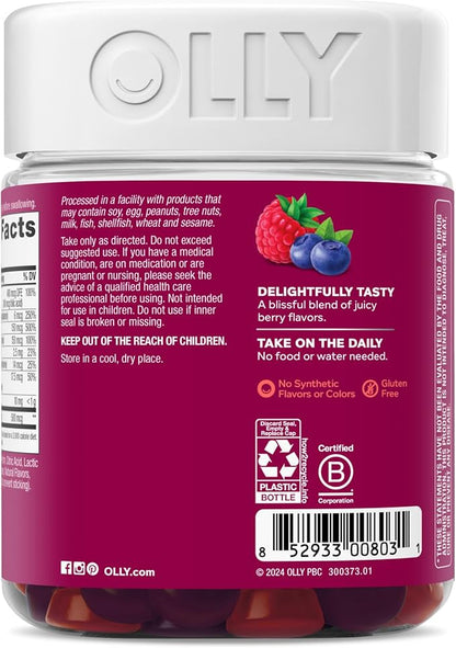 OLLY Women's Daily Multivitamin Gummy, Vitamins A, D, C, E, Biotin, Folic Acid, Adult Chewable Vitamin, Berry Flavor, 65 Day Supply - 130 Count