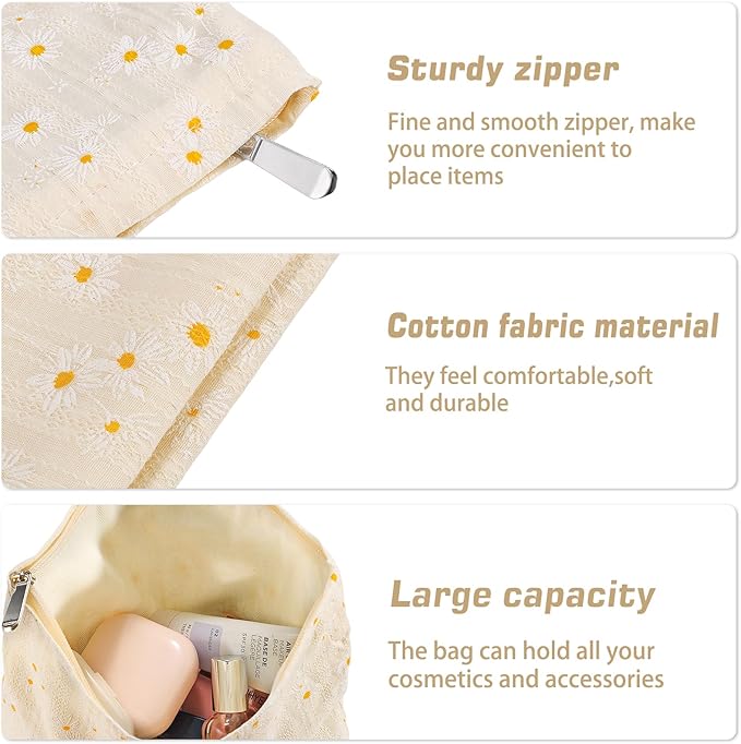 Daisy Flower Makeup Bag Travel Large Floral Cosmetic Bags for Women Cute Makeup Pouch Zipper Cosmetic Pouch for Purse Aesthetic White Makeup Organizer Bag Portable Toiletry Bag