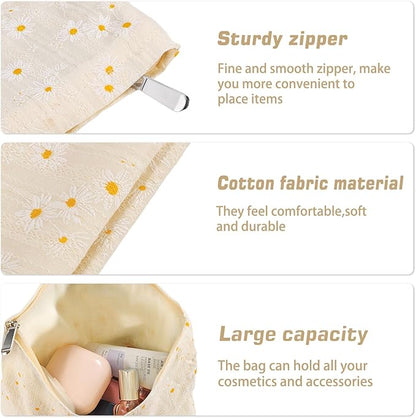 Daisy Flower Makeup Bag Travel Large Floral Cosmetic Bags for Women Cute Makeup Pouch Zipper Cosmetic Pouch for Purse Aesthetic White Makeup Organizer Bag Portable Toiletry Bag