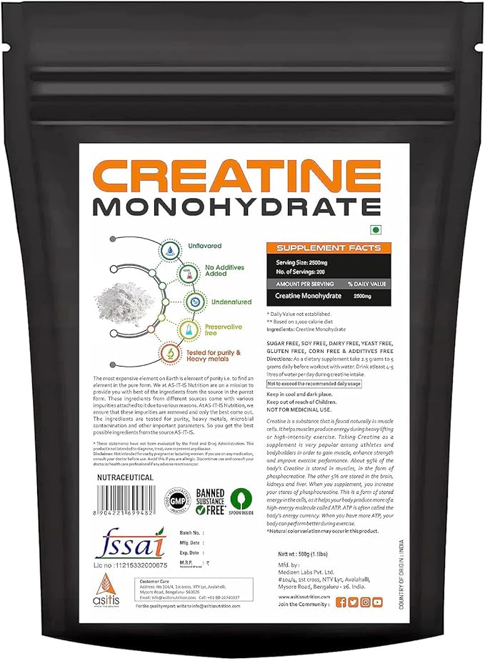 AS-IT-IS Nutrition Creatine Monohydrate 500gms/17.6 Oz | Usa Labdoor Certified for Accuracy & Purity No Preservatives Gluten-free Vegan Friendly Post-workout Supplement