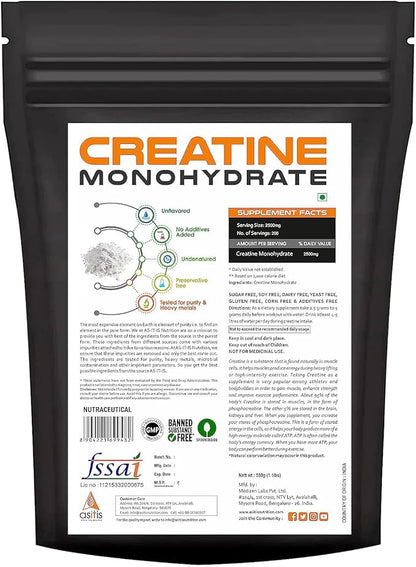 AS-IT-IS Nutrition Creatine Monohydrate 500gms/17.6 Oz | Usa Labdoor Certified for Accuracy & Purity No Preservatives Gluten-free Vegan Friendly Post-workout Supplement