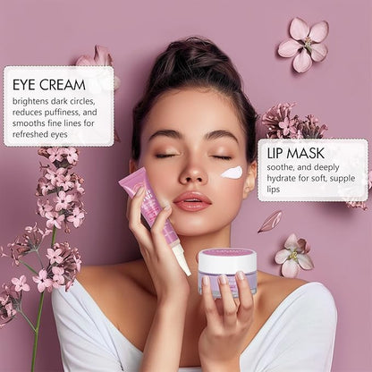 Valentines Day Gifts for Woman Skin Care Set Travel Size, Daily Routine with Hydrate + Protect SkinCare 7-Pieces Travel Kit for Women|Cleanser, Cream, Serum, Eye Cream, Lotion, Lip Mask, Jelly Patches